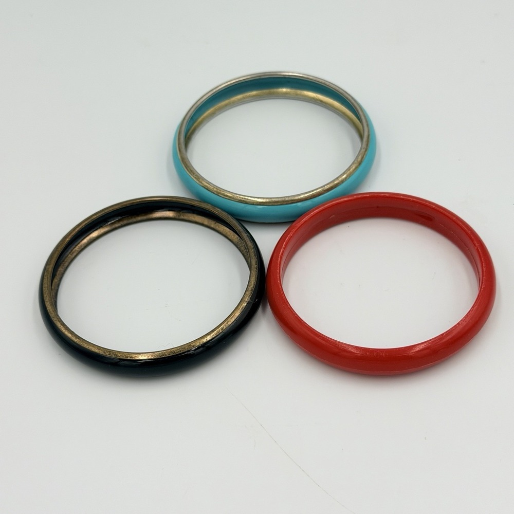 VTG Bracelet Lot 3 Red Black Turquoise Plastic‎ Metal Retro Stackable 2.5" Y2K